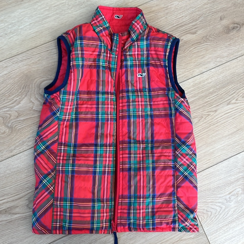 10-12 Vineyard Vines Reversible Plaid Puffer Vest Lighthouse Red XS Christmas